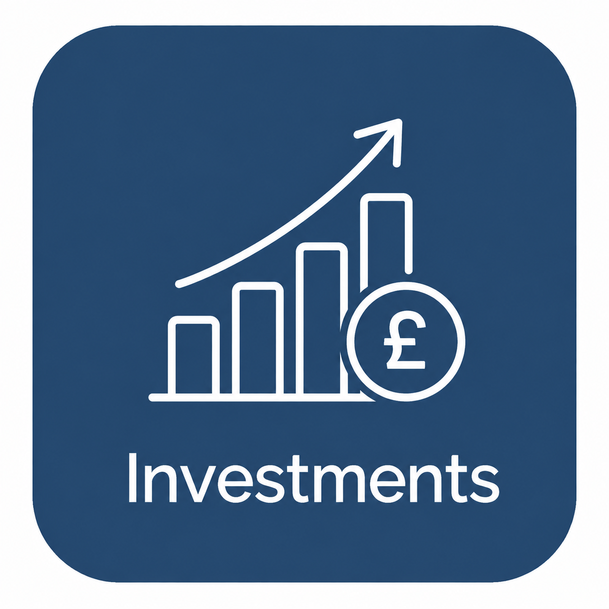 Blue icon with a bar graph, upward arrow, and a pound currency symbol, representing investments.
