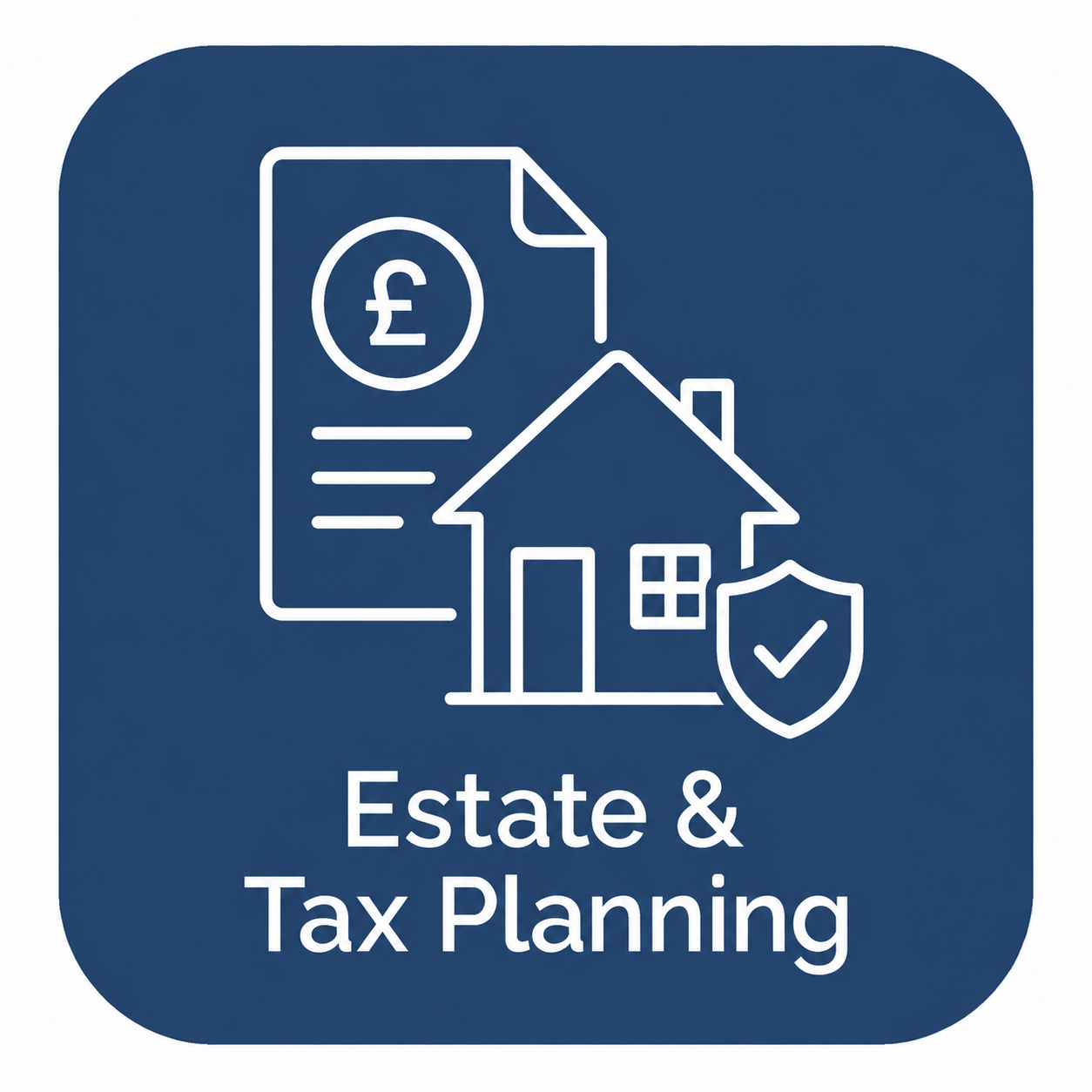 Icon for estate and tax planning featuring a document with a pound sign, a house, and a shield with a check mark, with the text 'Estate & Tax Planning'.