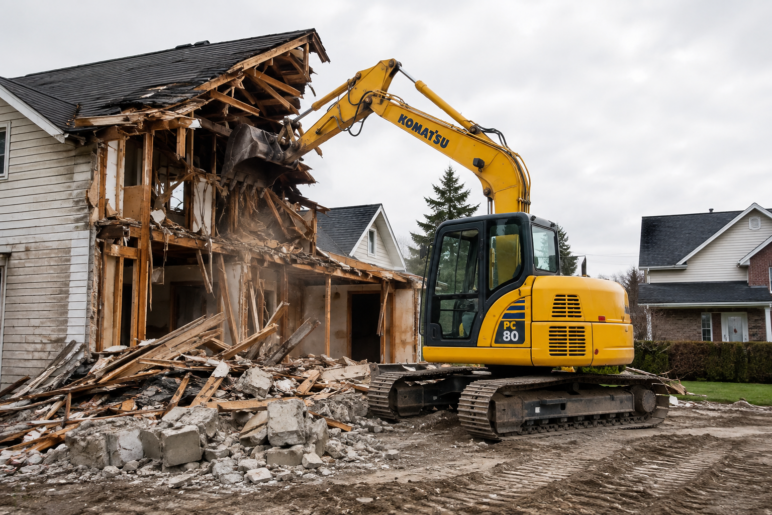 Une pelleteuse jaune en train de démolir une maison en bois dans un quartier résidentiel.