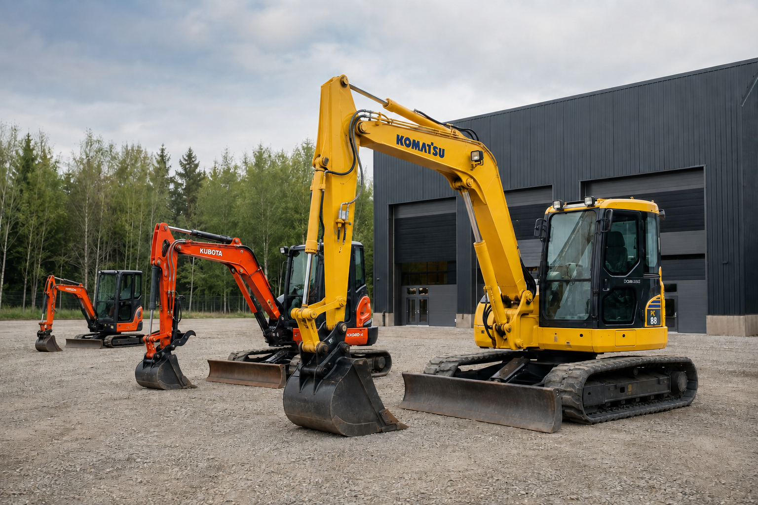 Trois mini-excavateurs de différentes tailles, en ligne devant un bâtiment industriel, avec un fond de forêt et un ciel nuageux.