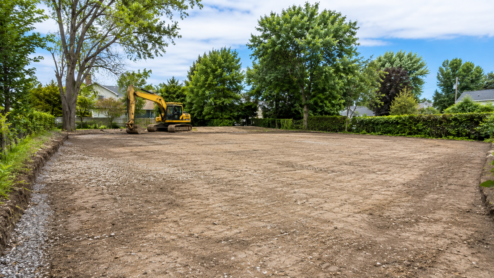 Terrassement avec une excavatrice jaune sur un terrain vide, entouré d'arbres et de maisons résidentielles, sous un ciel partiellement nuageux.
