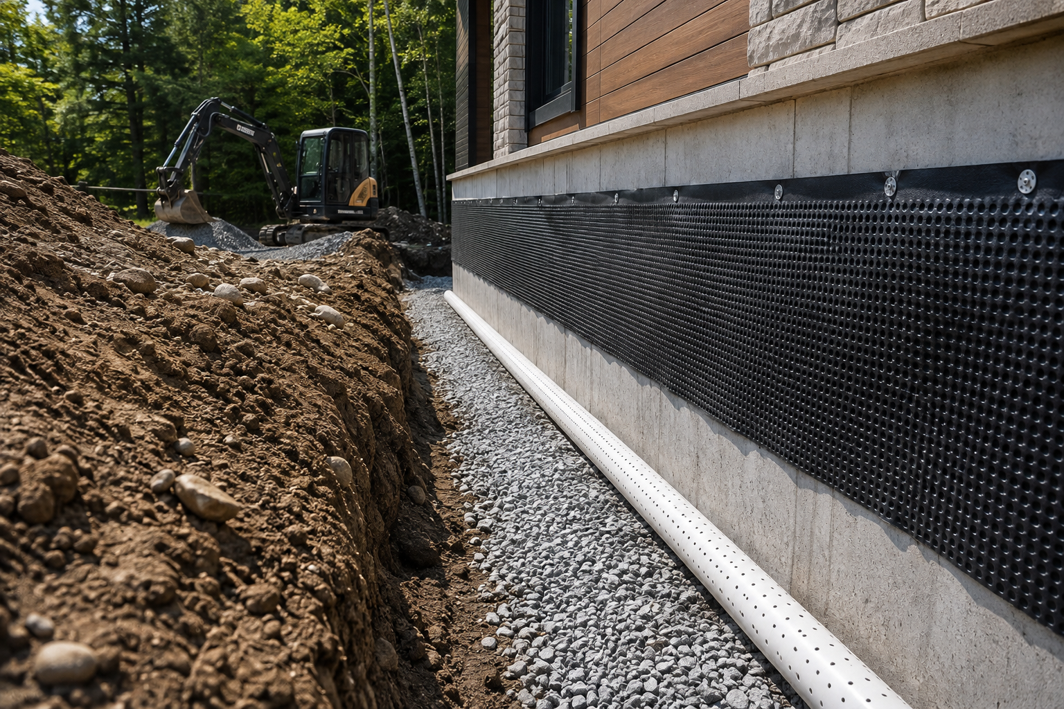Travaux de construction avec excavatrice à côté d'une maison, sol en gravier et fond de forêt.