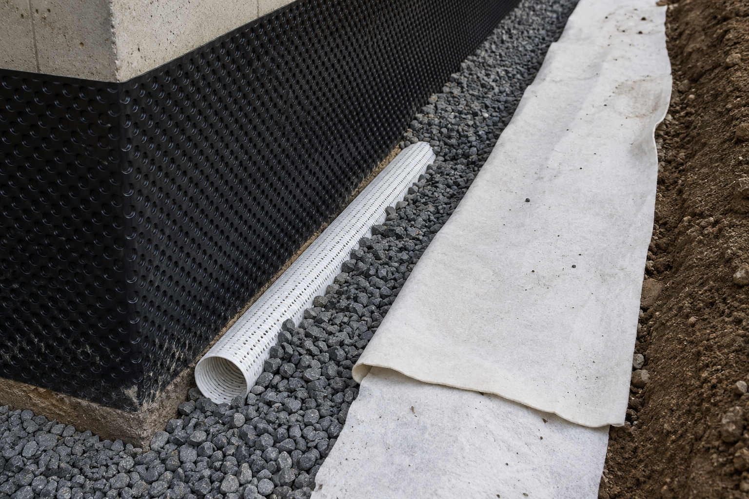 Travaux de construction avec une couche de gravier, un tapis de protection, un tuyau blanc perforé et une nappe blanche pour l'étanchéité ou le drainage, à côté d'un mur et du sol en terre.