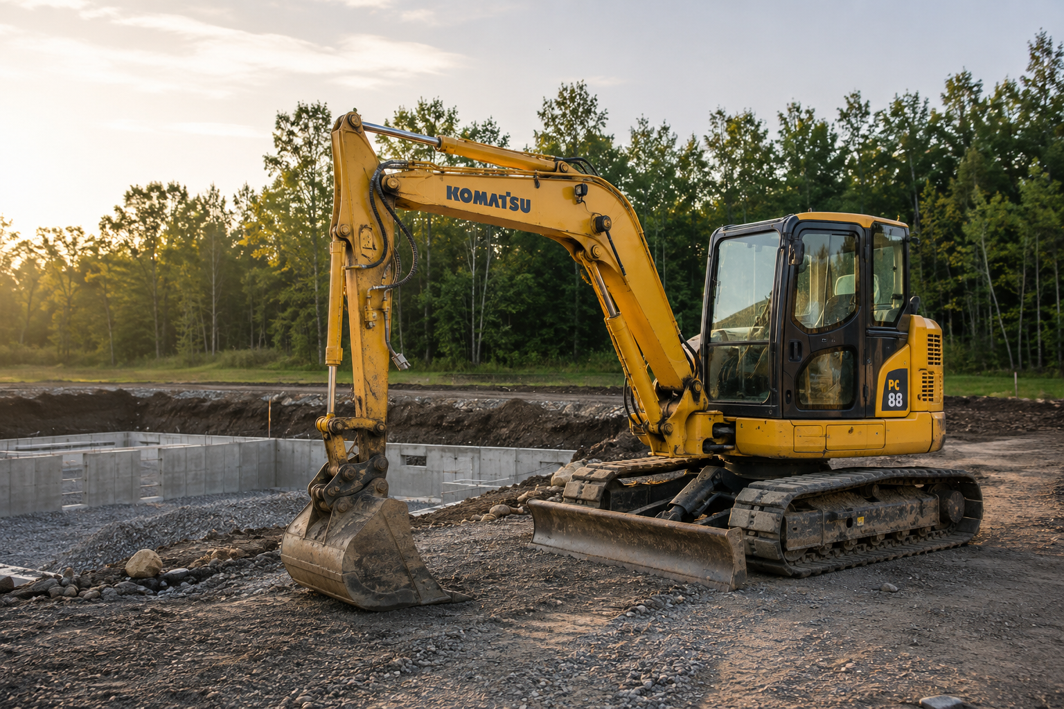 Une pelleteuse jaune de marque Komatsu sur un site de construction, avec un fond d'arbres et un ciel nuageux au crépuscule.