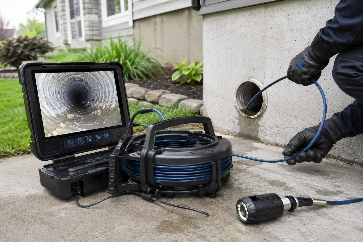 Technicien inspectant un drain extérieur avec une caméra d'inspection CCTV portable, appareillée d'une lampe de poche pour éclairage supplémentaire.