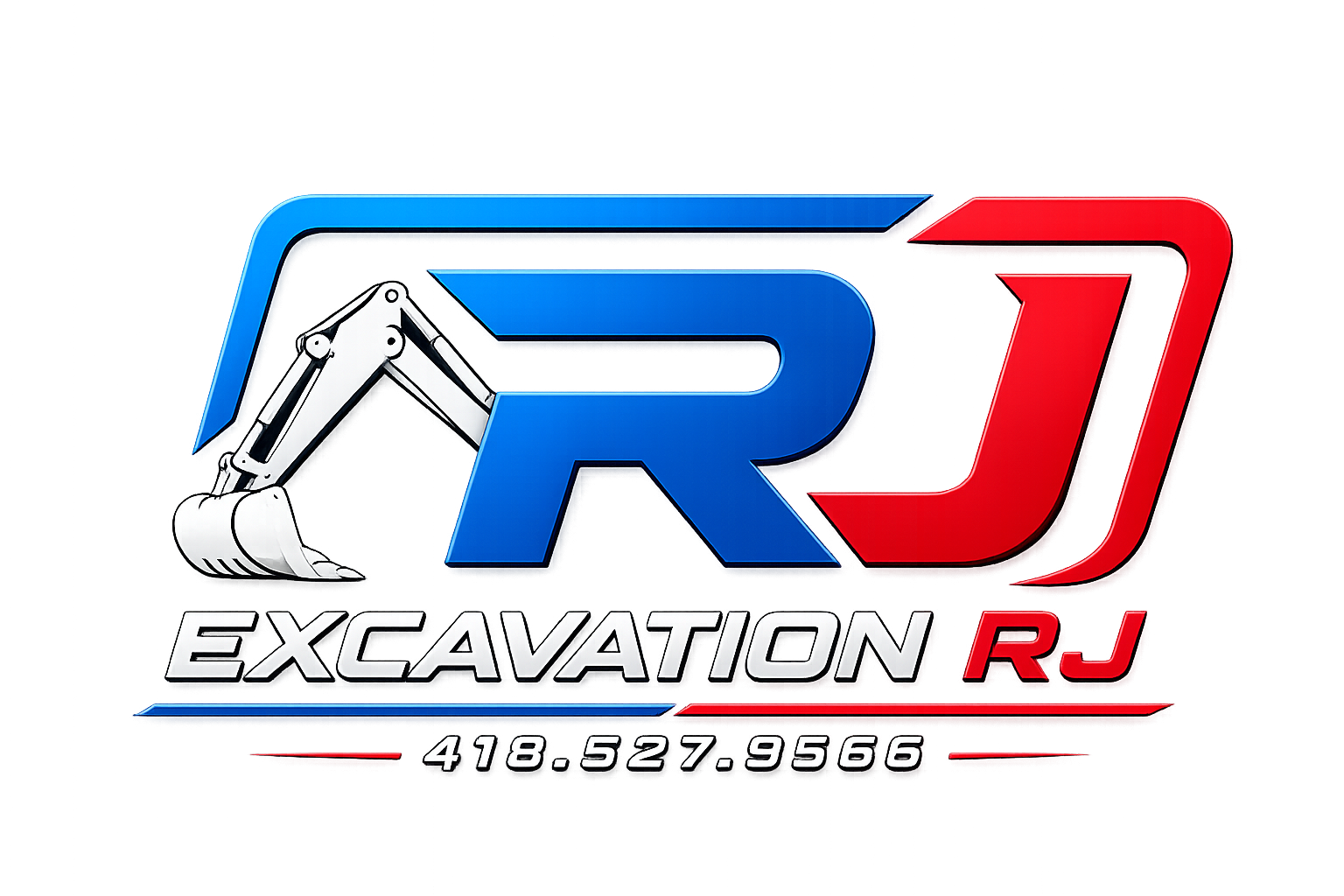 Logo lumineux de l'entreprise Excavation RJ, avec un bras mécanique sur le côté gauche, en couleurs bleu, blanc et rouge, incluant un numéro de téléphone 418.527.9566.