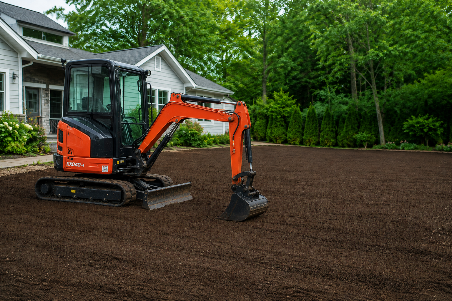Mini pelle orange sur un terrain préparé près d'une maison avec jardin, arbres verts en arrière-plan.