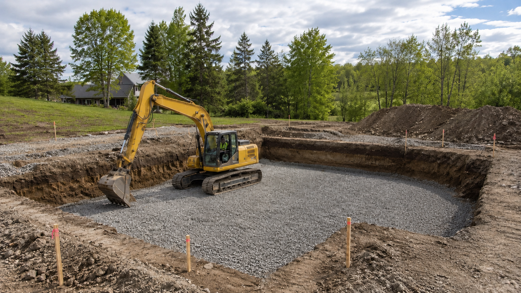 Une pelleteuse jaune travaille dans un trou de construction, entouré d'un terrain rectangulaire préparé avec des tas de terre et de gravats, dans un environnement rural avec des arbres et une maison en arrière-plan.