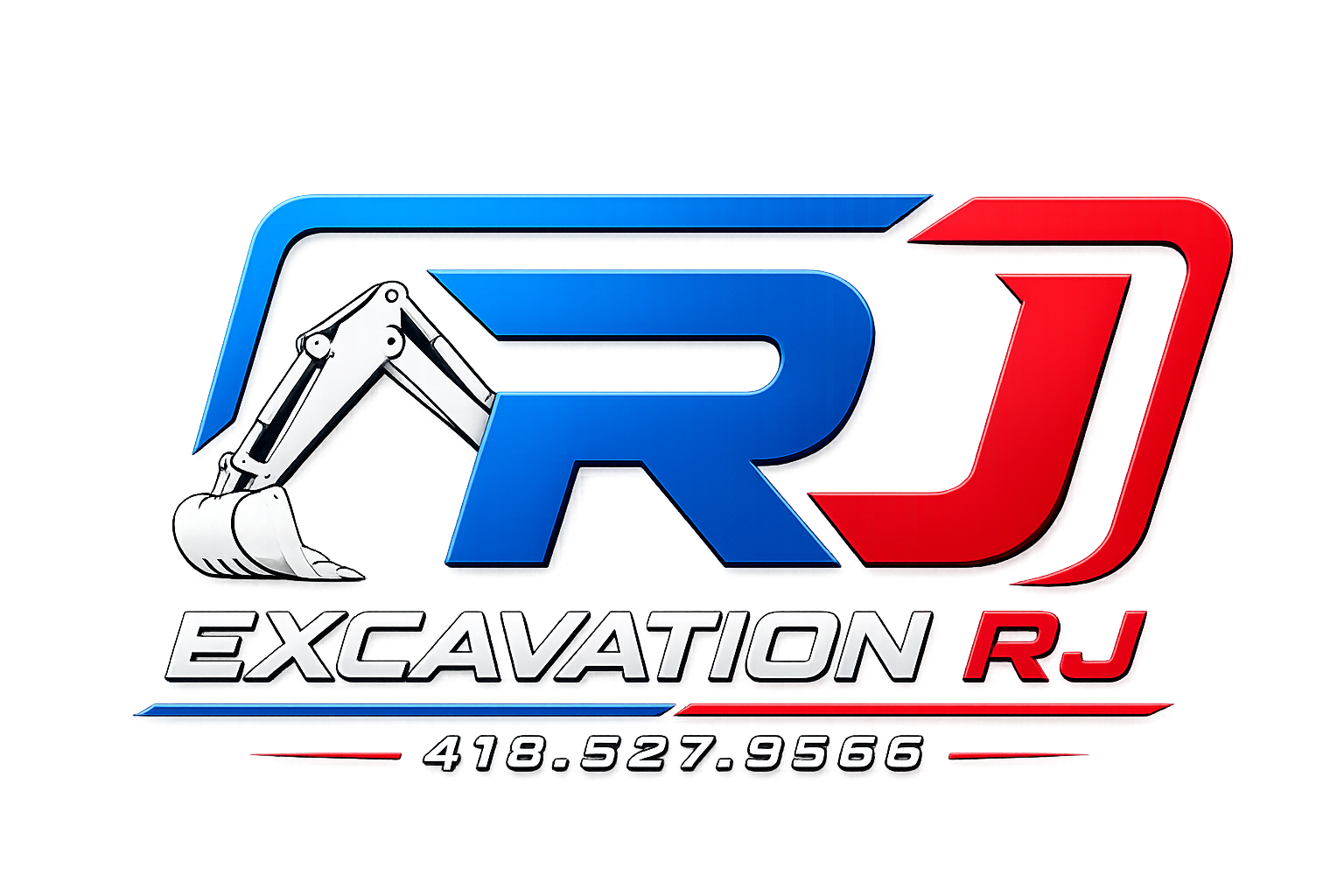 Logo d'une entreprise de travaux publics avec un symbole de pelle mécanique, le texte 'R J Excavation', et un numéro de téléphone.