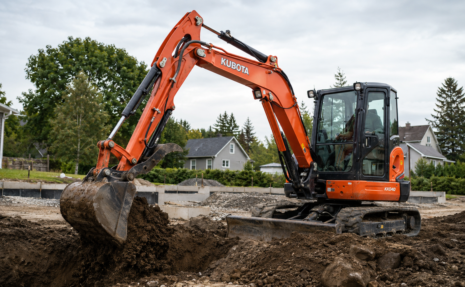 Mini-pelle orange en train de creuser un trou dans un chantier de construction résidentiel avec des maisons en arrière-plan et un ciel nuageux.