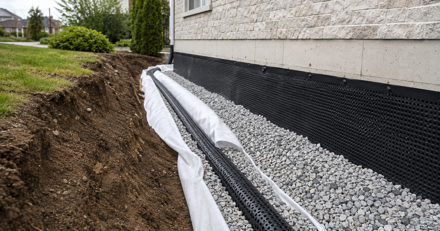 Travaux d'installation d'une barrière contre l'humidité sur la fondation d'une maison, avec des tuyaux en noir perforés, du gravier et un pare-vapeur