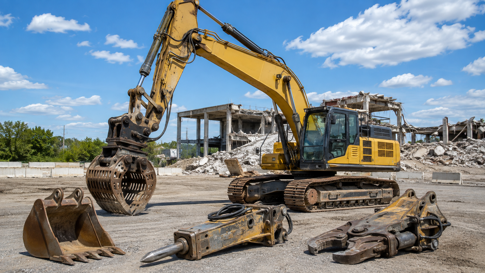 Pelle mécanique jaune en construction sur un site avec des débris et bâtiments en ruines en arrière-plan, sous un ciel bleu avec quelques nuages.