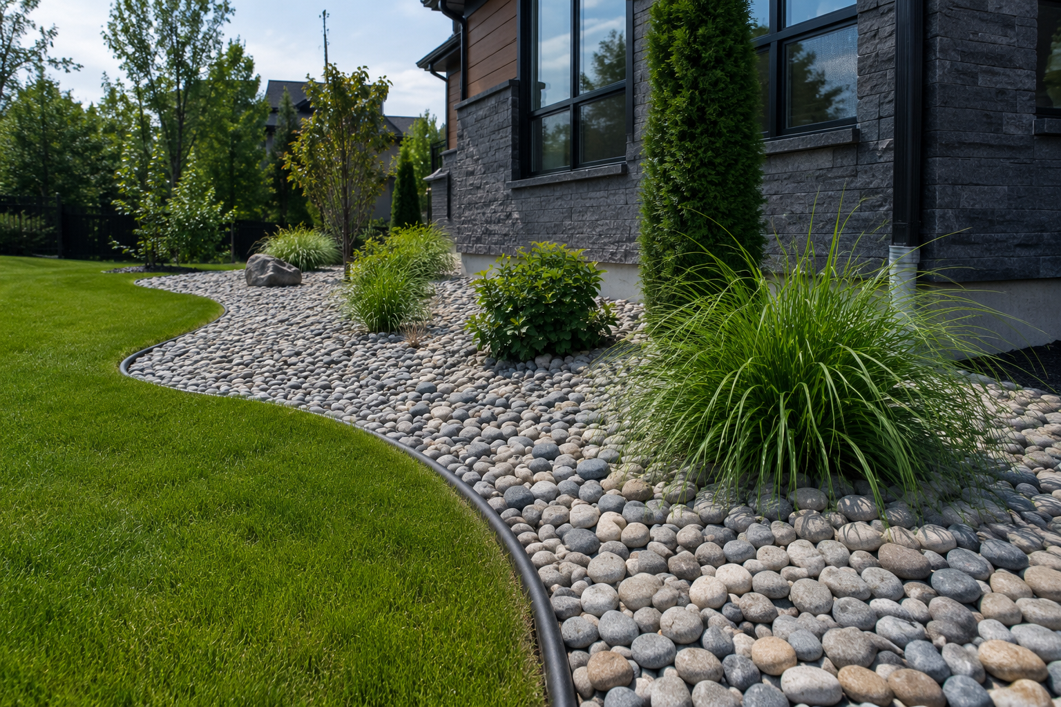 Jardin bien entretenu avec une pelouse verte, une zone de galets autour de la maison, des arbustes et des plantes décoratives.
