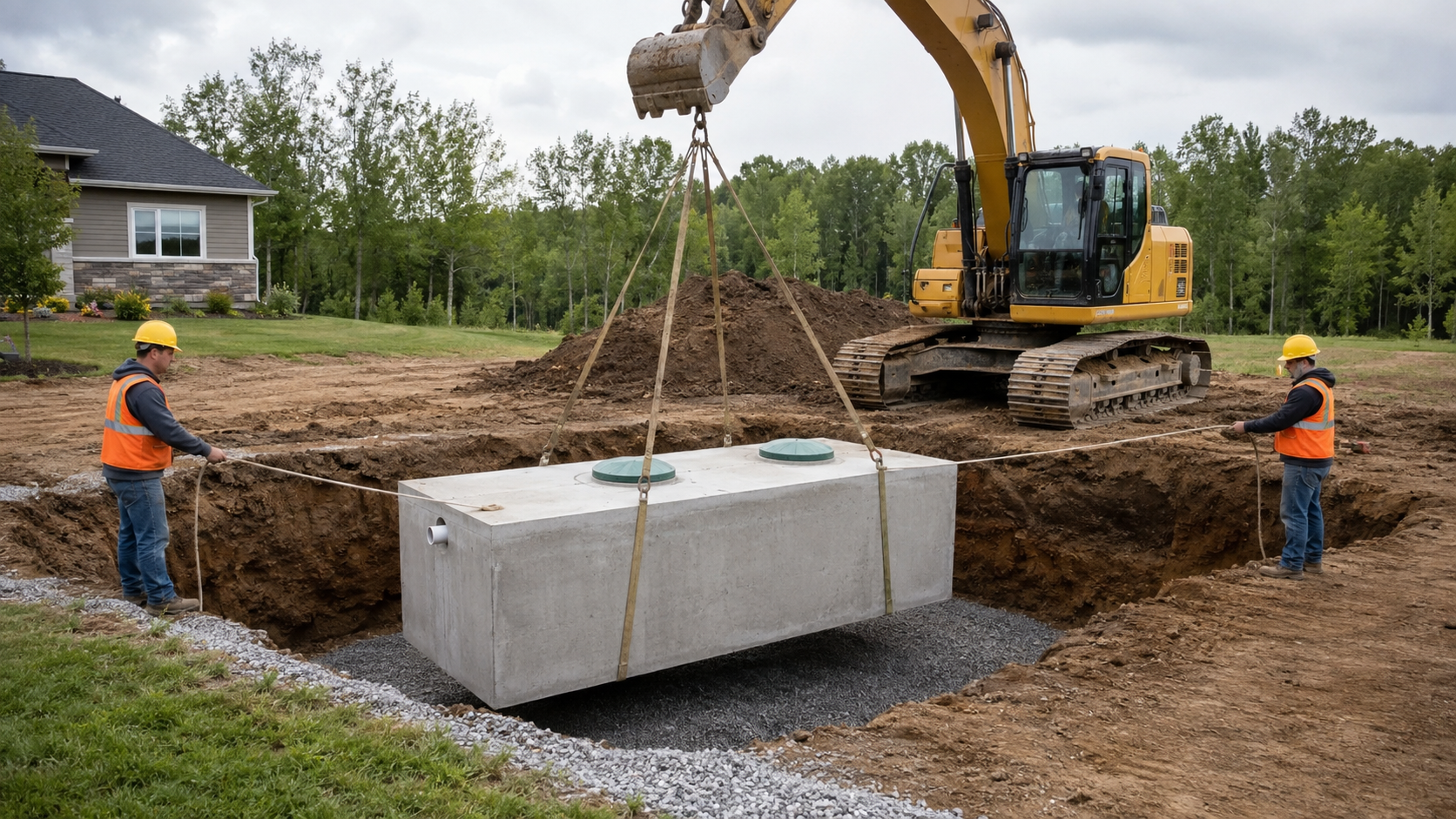Deux ouvriers en gilet orange et casque jaune supervisent l'installation d'un réservoir d'eau ou de stockage en béton dans un trou creusé à la terre; un excavateur jaune soulève le réservoir avec des bandes de levage.