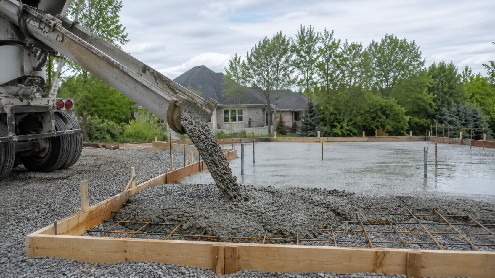 Une surface en béton en train d'être coulée lors de la construction d'une maison, avec un camion qui verse le béton dans un cadre en bois.