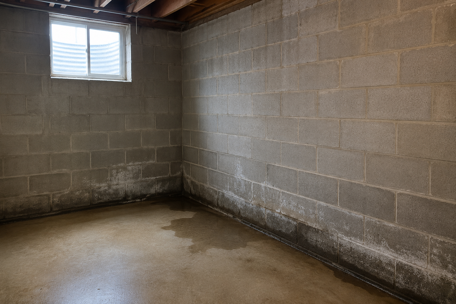 Pièce vide avec mur en béton et sol en béton, une petite fenêtre en verre avec volet roulant