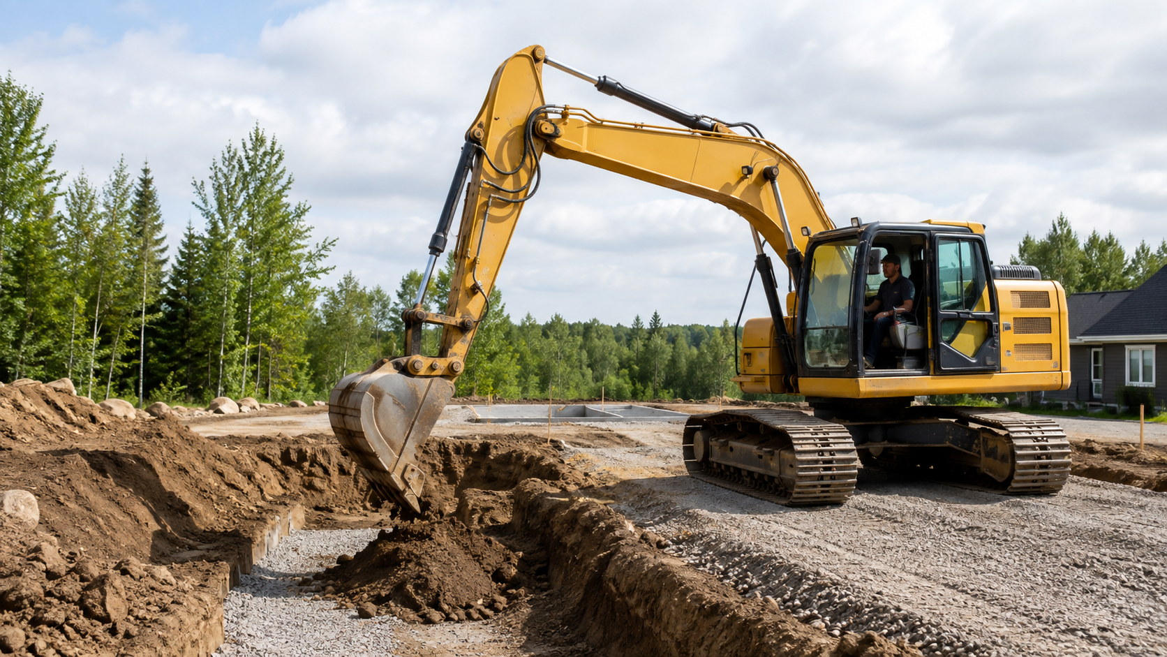 Un bulldozer jaune en construction creuse une tranchée sur un terrain avec des arbres en arrière-plan et un ciel nuageux.