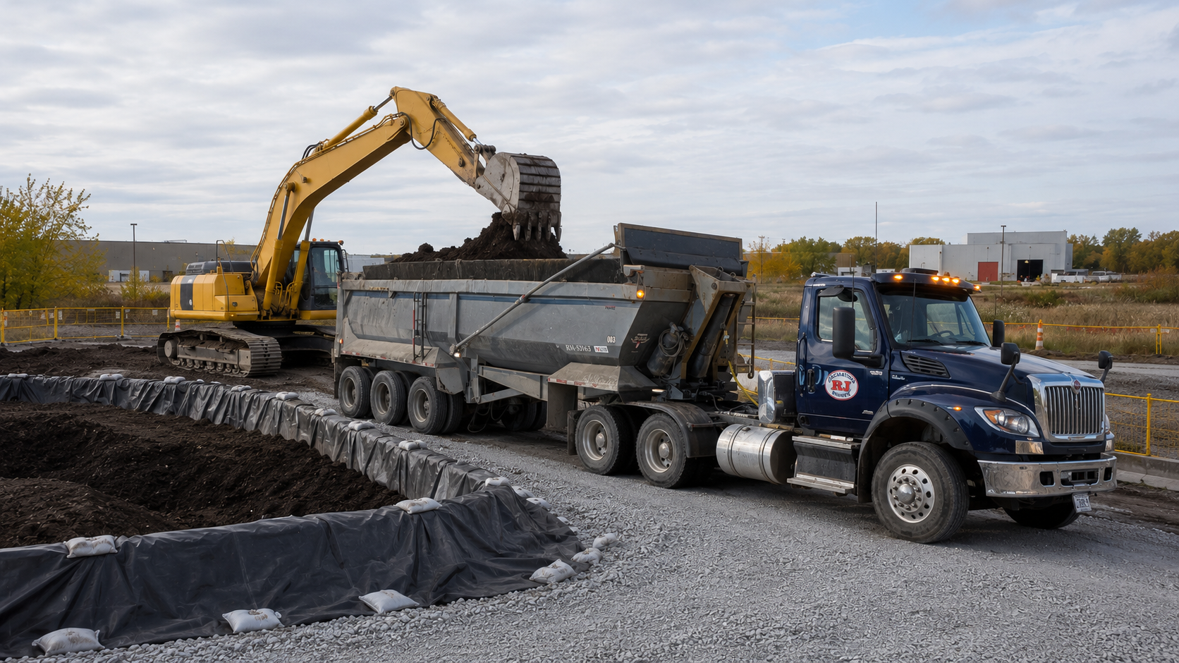 Une excavatrice jaune décharge de la terre dans un camion de chantier sur un site de construction, avec un ciel nuageux en arrière-plan.