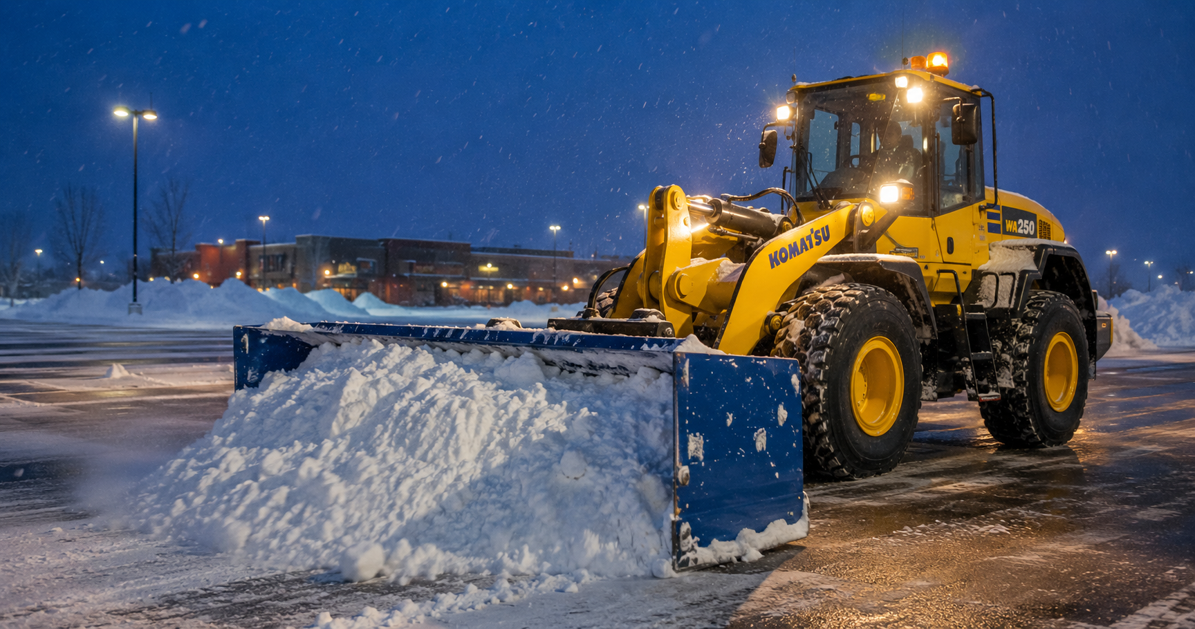 Un bulldozer jaune de marque Komatsu en train de déblayer la neige dans un parking la nuit. Il y a des lampadaires allumés et des bâtiments en arrière-plan.