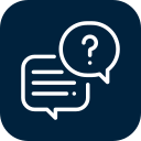 Icon of two speech bubbles, one with a question mark, indicating a question or inquiry.
