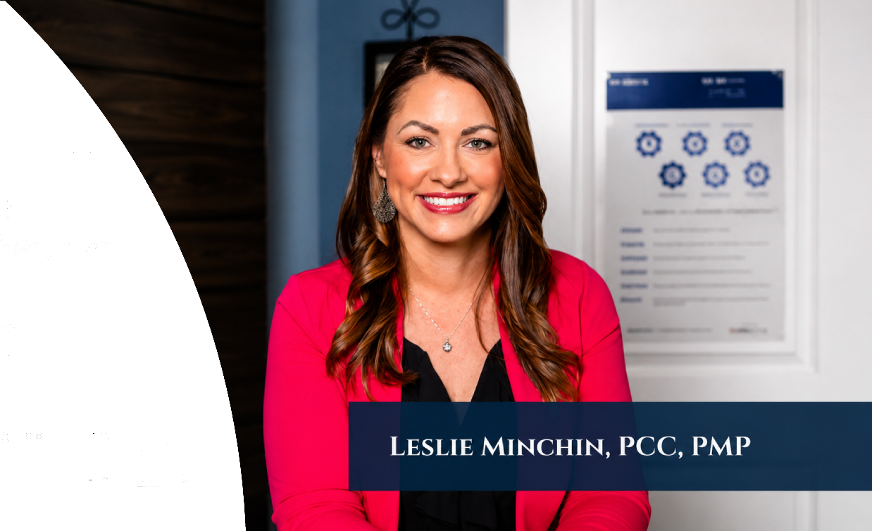 A woman with long brown hair, wearing a pink blazer and black top, smiling, standing indoors with a whiteboard or poster with gears in the background. Text overlay reads "Leslie Minchin, PCC, PMP."