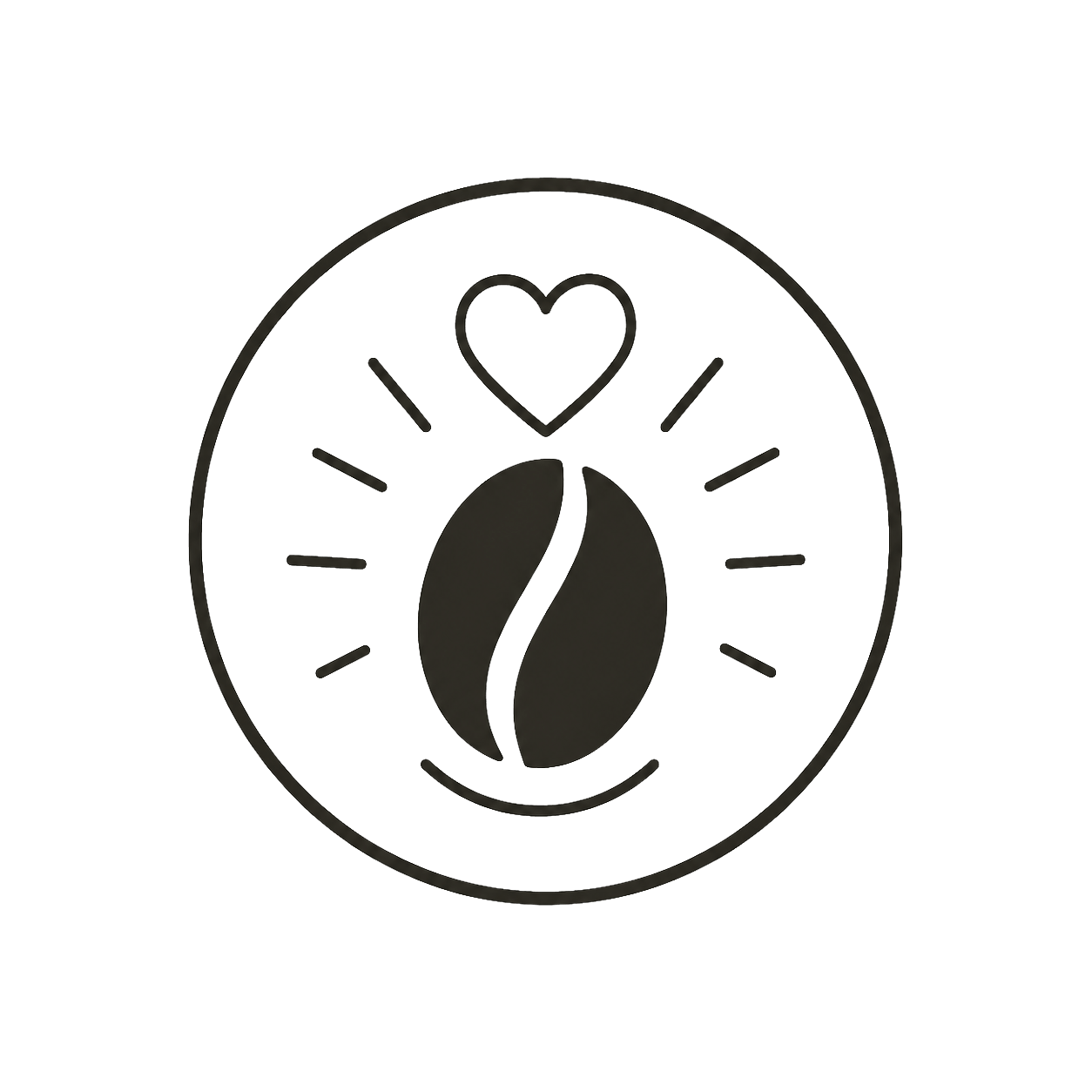 Minimalist coffee logo with a coffee bean, radiating lines, and a heart above, enclosed in a circle.