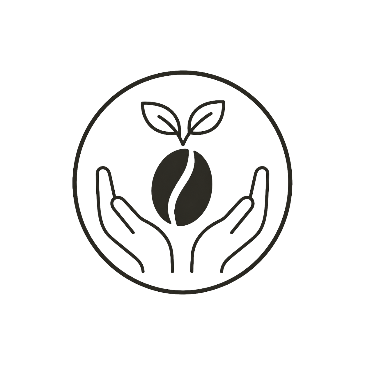 Outline of two hands holding a coffee bean with two leaves growing from the bean, inside a circle.