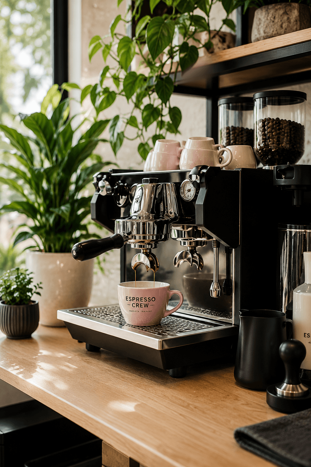 A coffee machine brewing espresso in a cafe with green plants and coffee cups on a wooden counter.