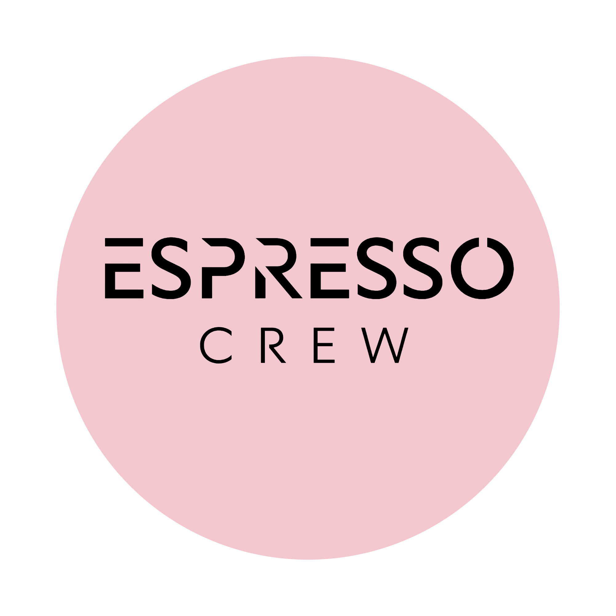 Pink circle with the words 'Espresso Crew' in black capital letters.