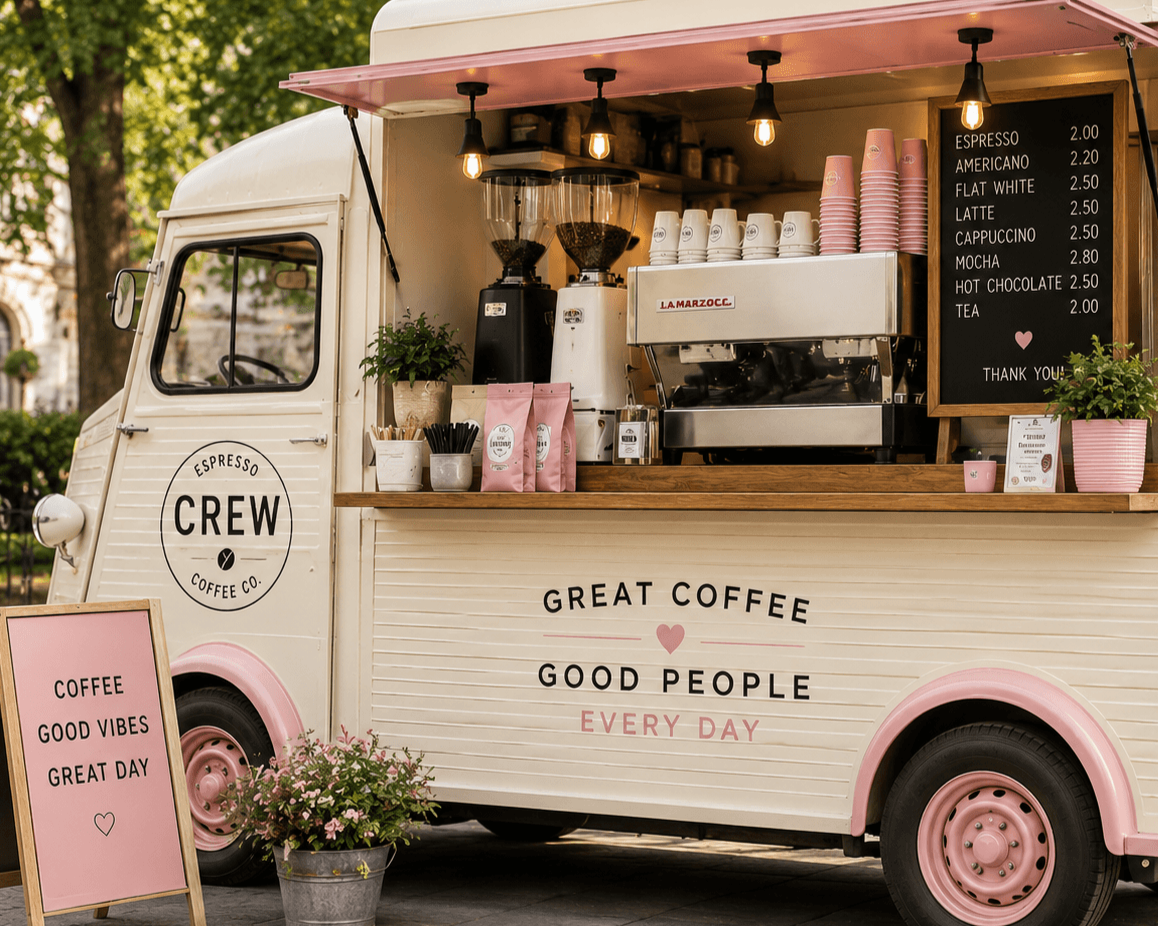 A vintage pink and cream coffee truck parked outdoors with a menu board listing coffee drinks like espresso, Americano, and latte, and a pink sign reading 'Coffee, Good Vibes, Great Day' with potted plants and coffee supplies displayed.