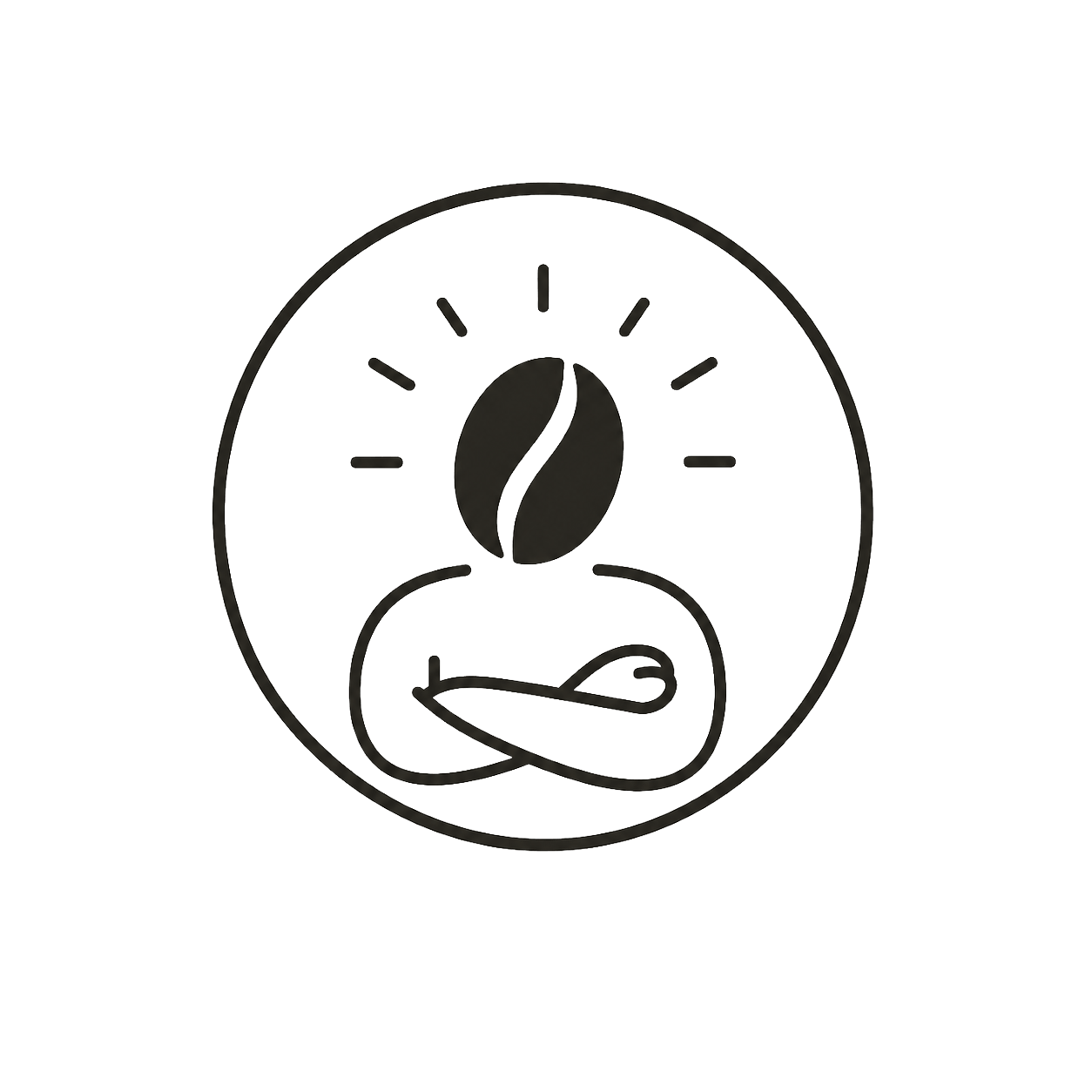 Minimalist icon of a person with a coffee bean on their head, arms crossed, within a circular outline, representing a tired or sleepy person.