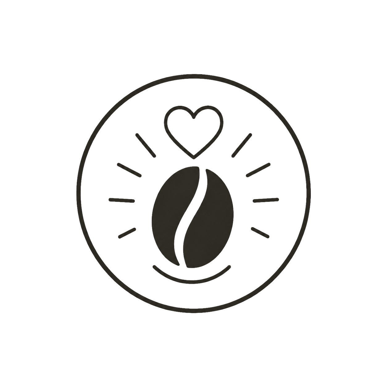 Line drawing of a coffee bean with a heart above it, surrounded by sun rays.
