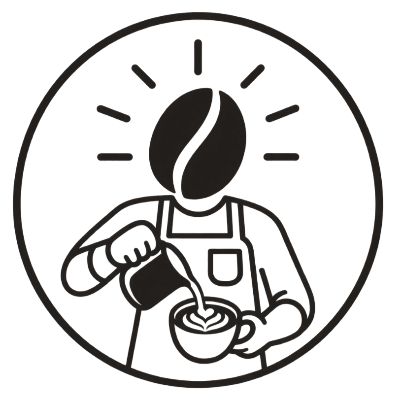 Line art of a person with a coffee bean for a head, stirring coffee in a mug, surrounded by a circle with radiating lines.