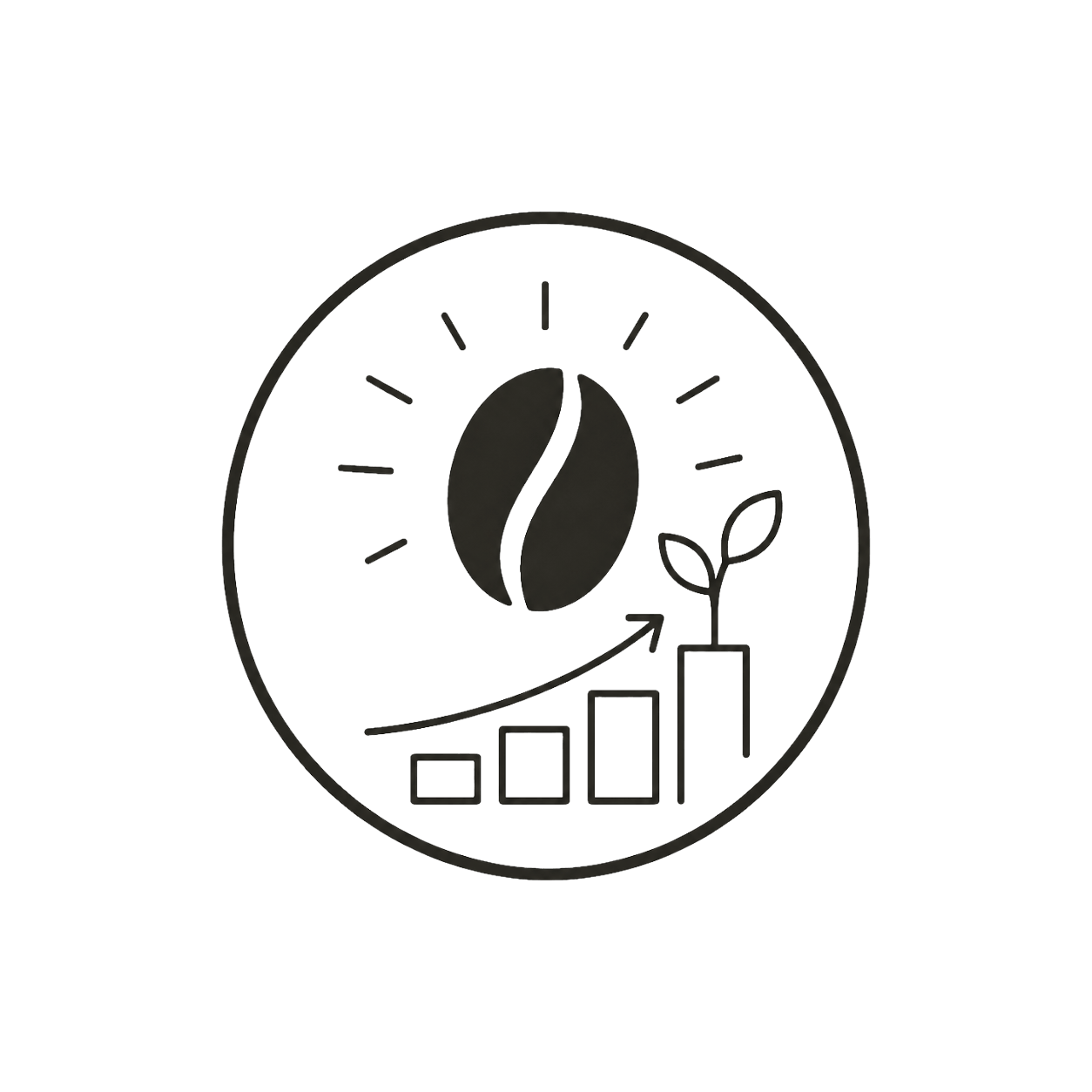 A circular black and white icon representing eco-friendly growth. It features a coffee bean, a growing plant, and a bar chart with increasing bars, along with an upward arrow.