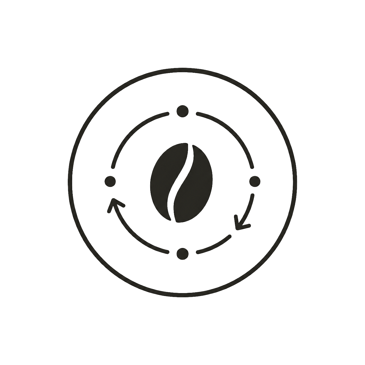 Icon of a coffee bean surrounded by a circular arrow, indicating recycling or sustainability.