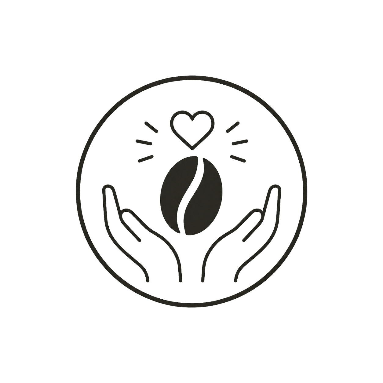 Outline of two hands holding a coffee bean with a heart above, symbolizing care and love for coffee or sustainability.
