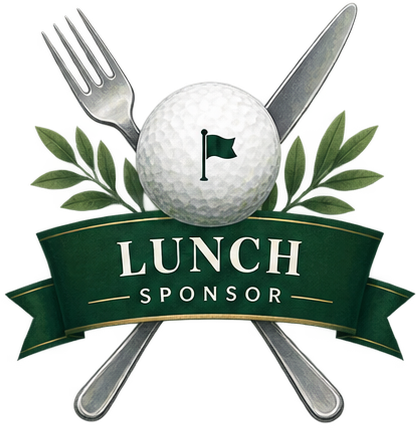Golf ball with a flag, fork, and knife behind it, surrounded by leaves, with a banner that reads 'Lunch Sponsor'.