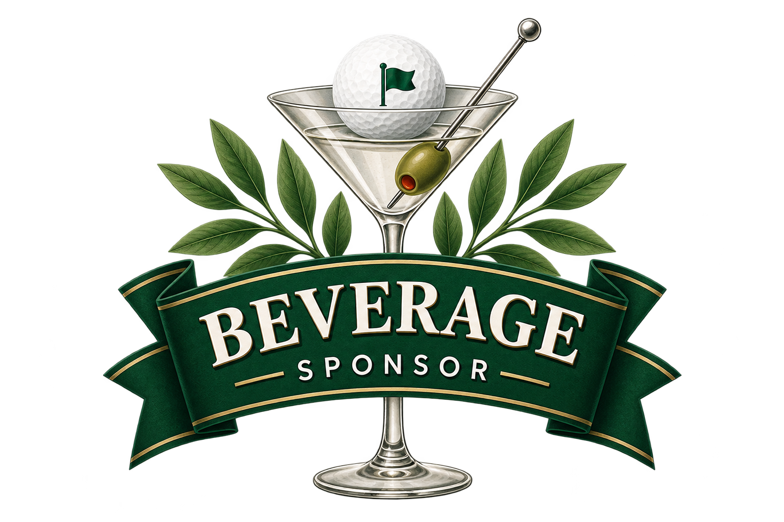 A martini glass with a golf ball on top, a cocktail pick with an olive, green leaves behind the glass, and a green ribbon banner that reads 'Beverage Sponsor'.