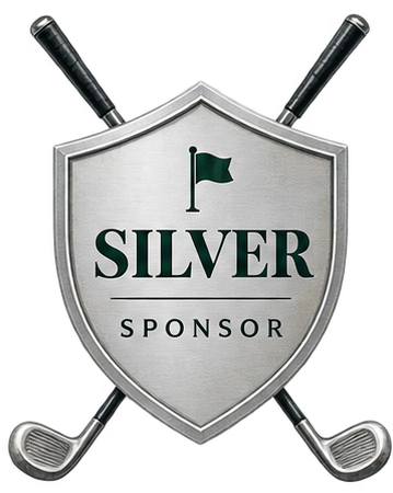 A silver shield with a small green flag on top, flanked by two golf clubs crossed behind it, with the word "SILVER" in large font and "SPONSOR" in smaller font below.