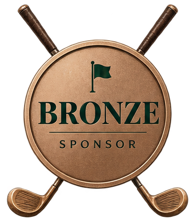 A round bronze sign with two crossed golf clubs behind it, displaying the words 'BRONZE SPONSOR' and a small flag icon.