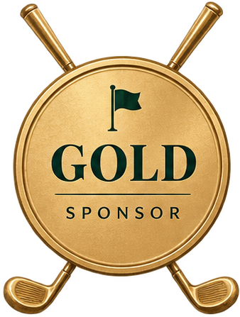 Gold sponsor logo with two golf clubs crossed behind a circular shield, featuring a green flag and the words 'GOLD SPONSOR' in the center.