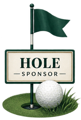 Golf hole with a green flag, a golf ball near the hole, and a sign that says "HOLE SPONSOR".