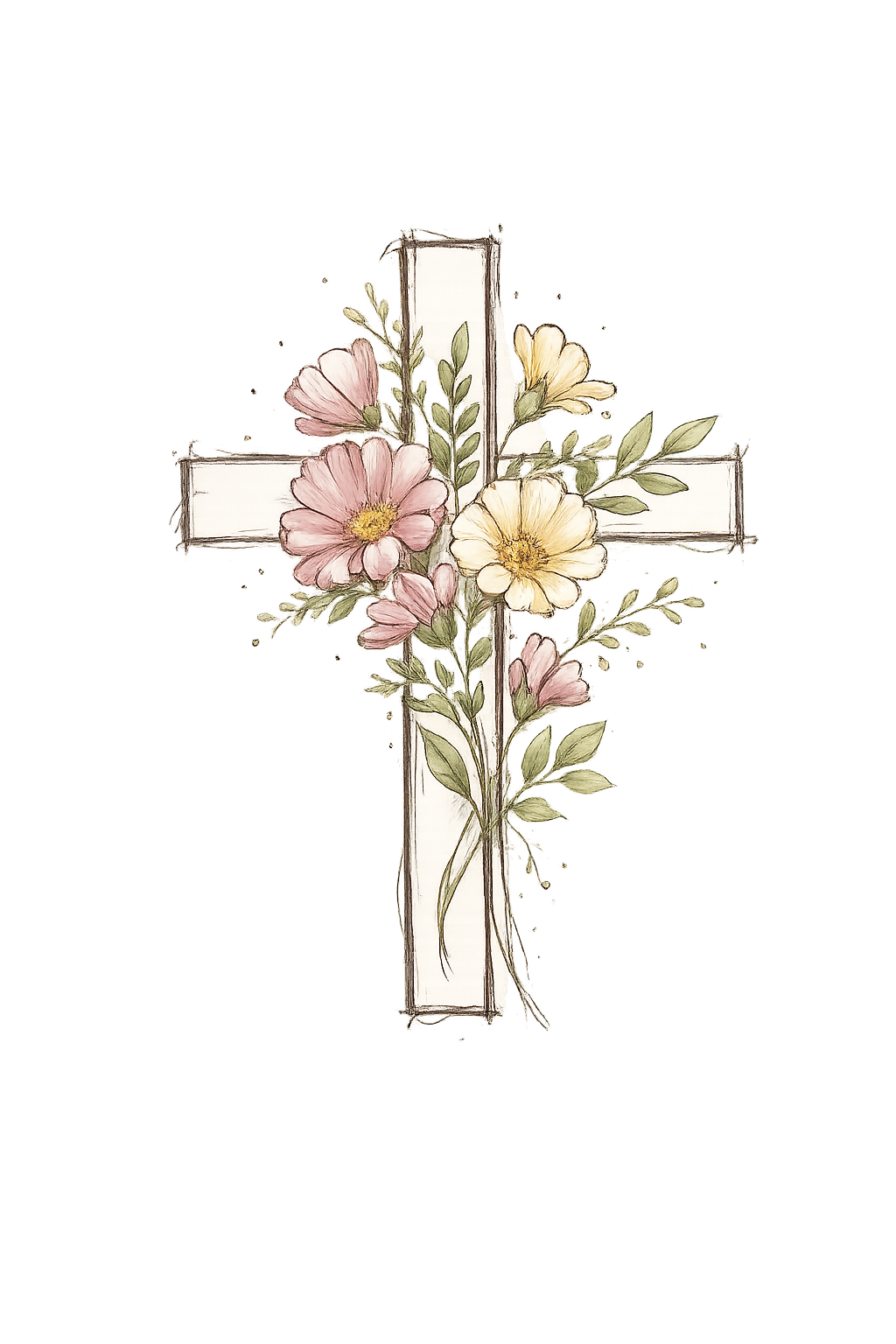 A white cross decorated with pink and yellow flowers and green leaves.
