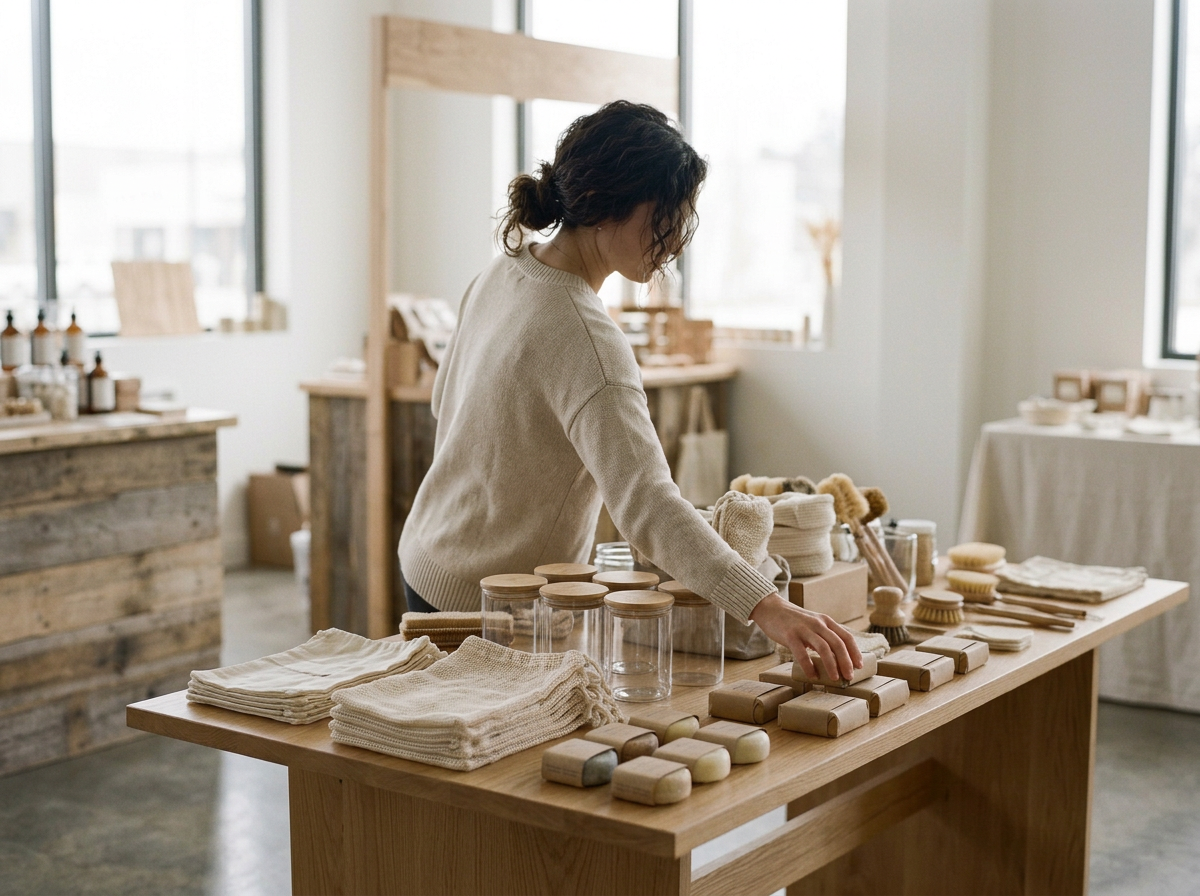 Woman organizing wooden soap bars and cloths on a wooden table inside a natural-themed store with large windows.