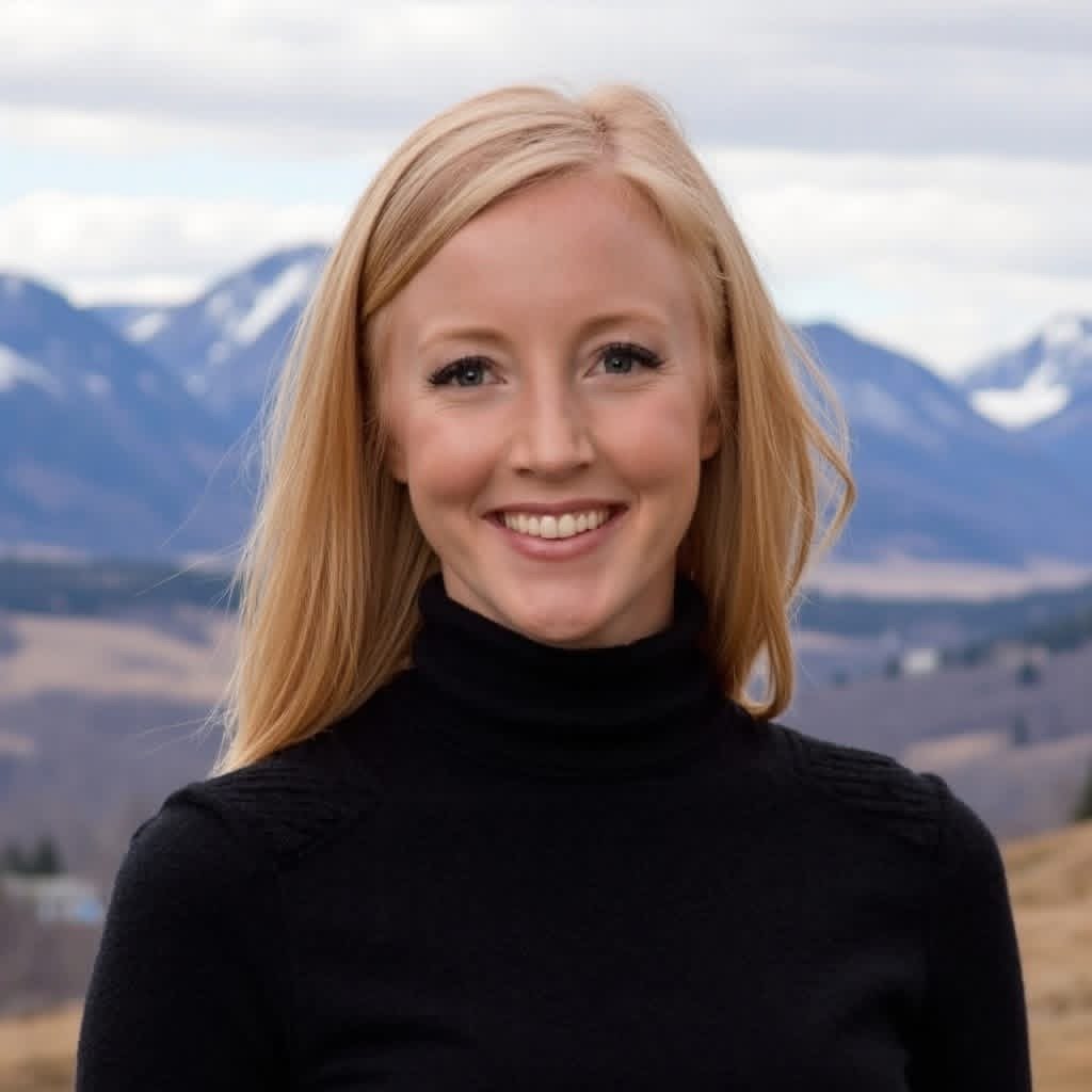 Portrait of a smiling woman with long blonde hair wearing a black turtleneck, standing outdoors with mountains and cloudy sky in the background.