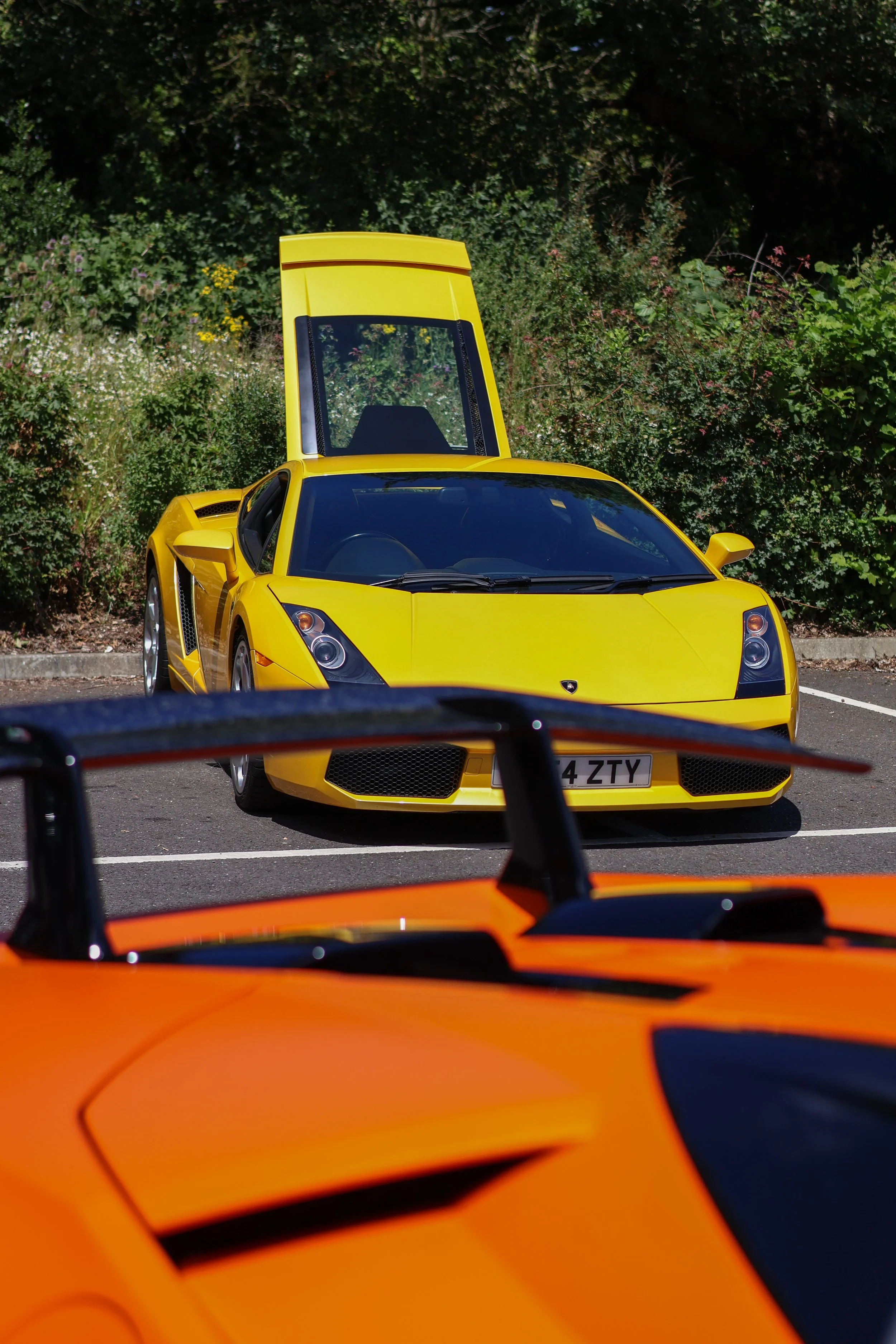 Yellow sports car with upraised gullwing door parked on street, surrounded by other colorful cars and green foliage.