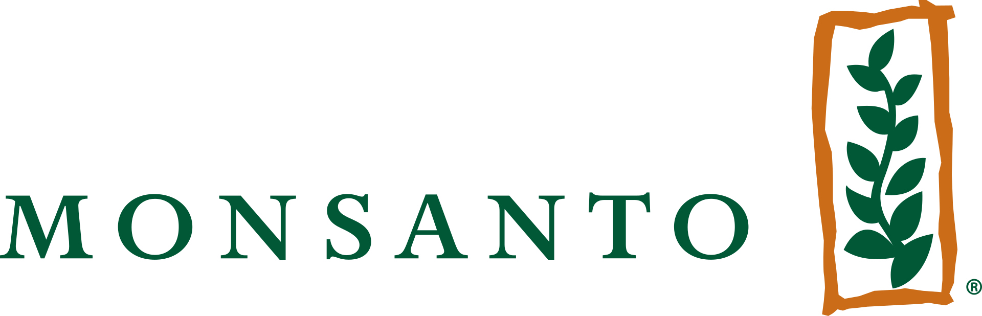 Monsanto logo with green leaf design inside a brown rectangular frame.