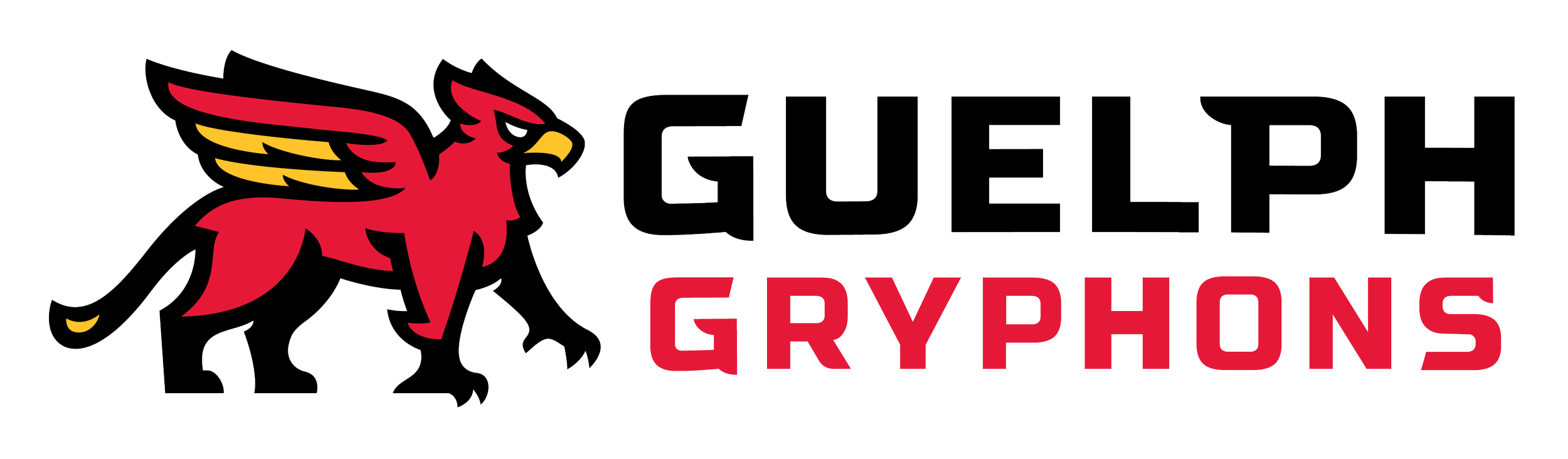 University of Guelph logo featuring a fierce red gryphon with black and yellow wings, and the words 'Guelph Gryphons' in black and red letters.