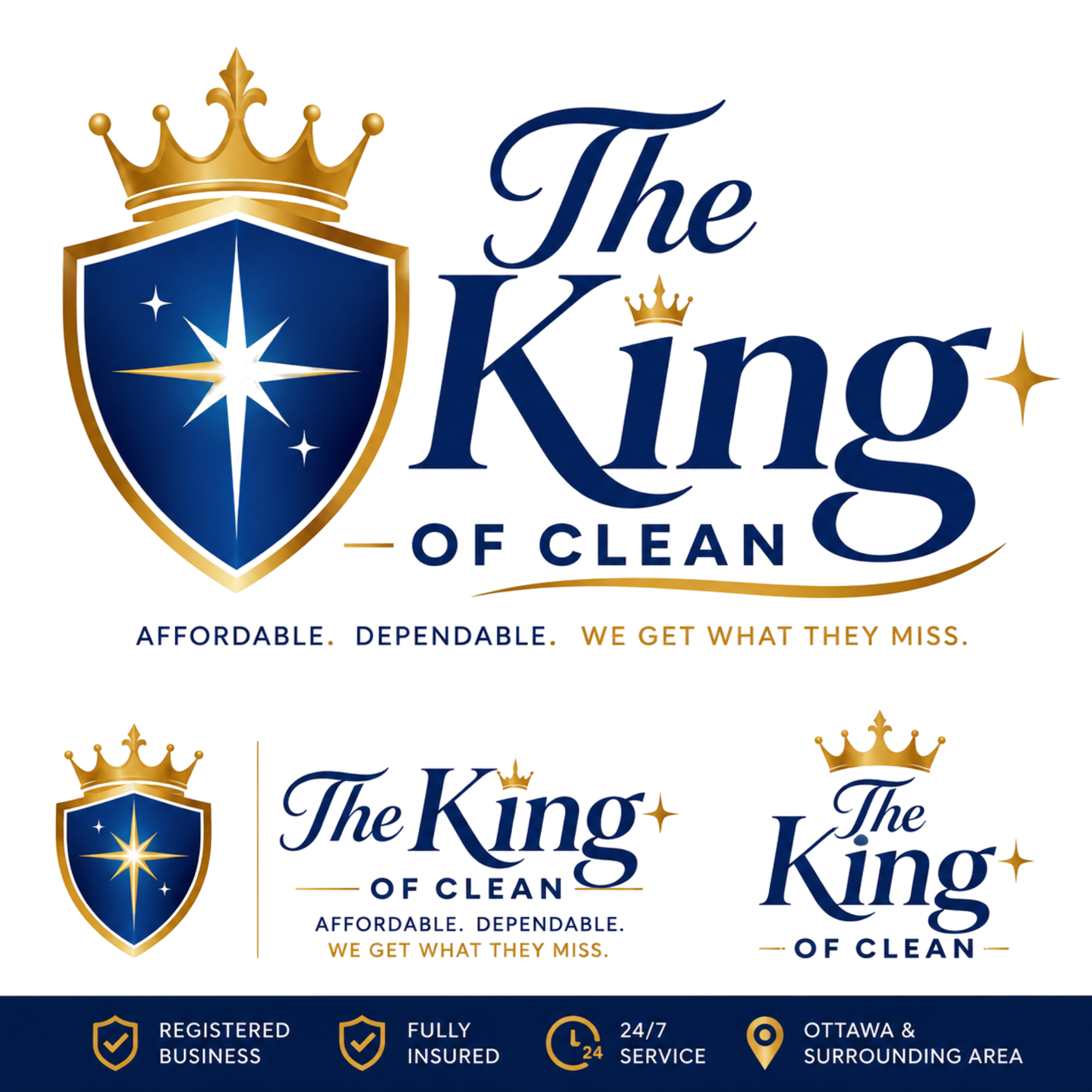 The logo of 'The King of Oceans' company featuring a blue shield with gold border and a gold crown on top. The company name is displayed in elegant blue script, with a tagline below mentioning affordable, dependable services and a call to action to meet the team.