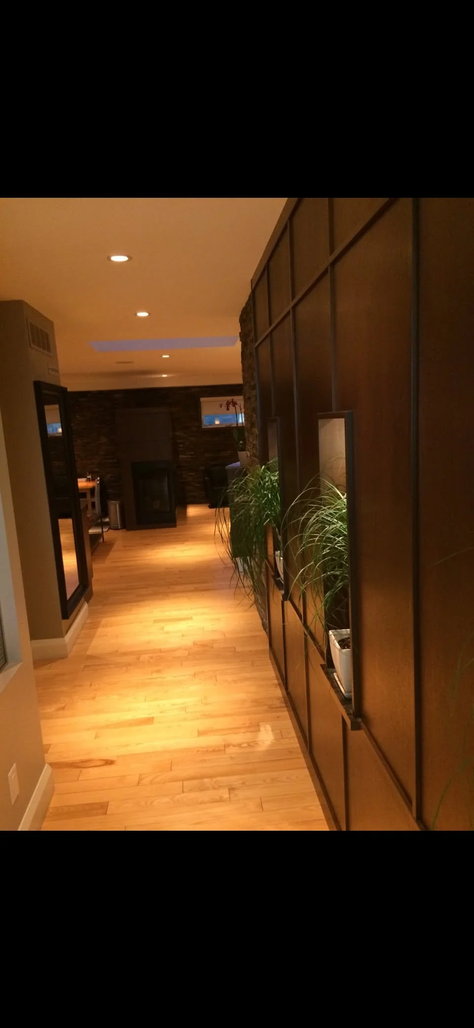Interior hallway with wooden floors, a large wooden wall on the right with potted plants, and a living room area with a fireplace in the background.
